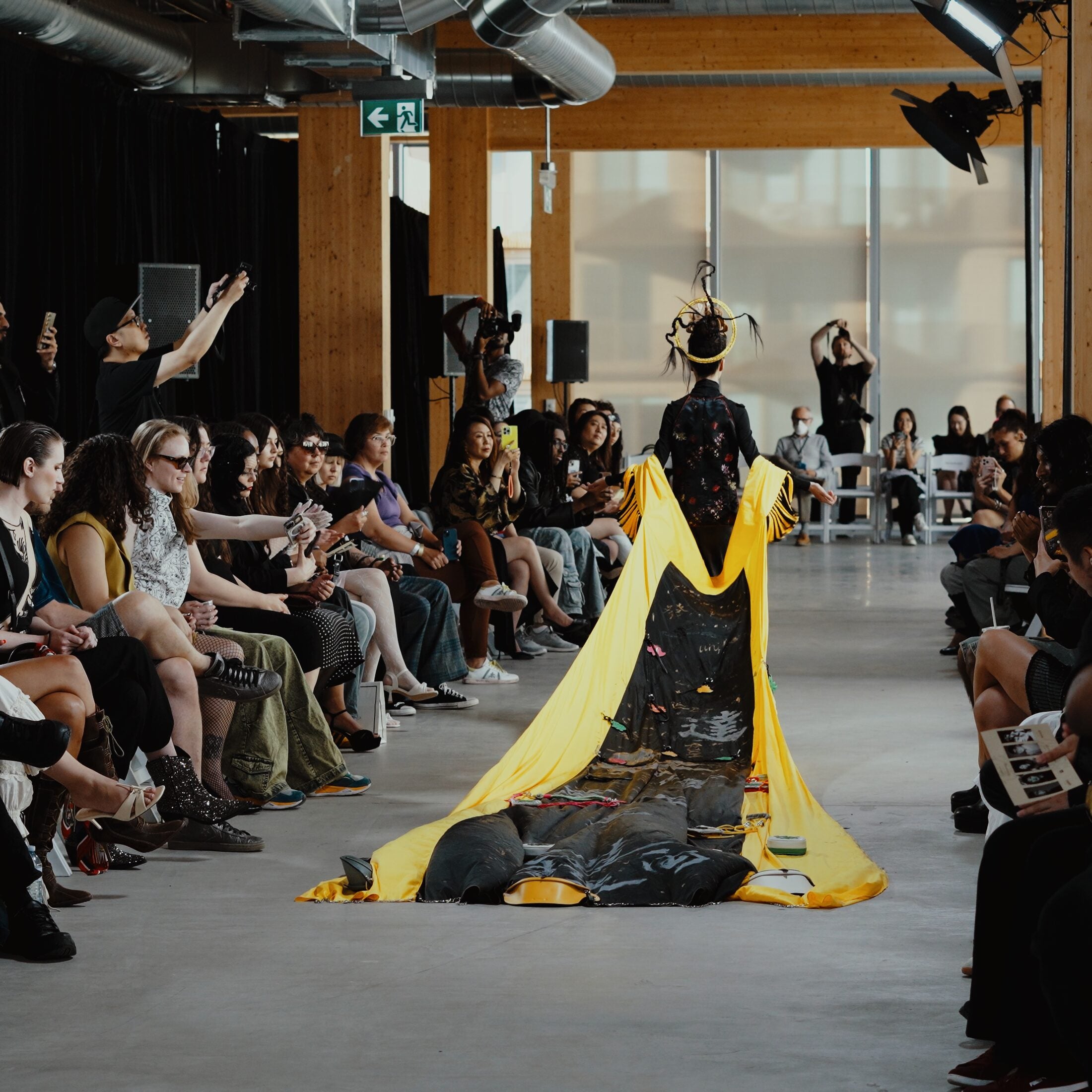 Fashion Art Toronto runway scene with yellow and black Chinese calligraphy styling and LAOGUI bags