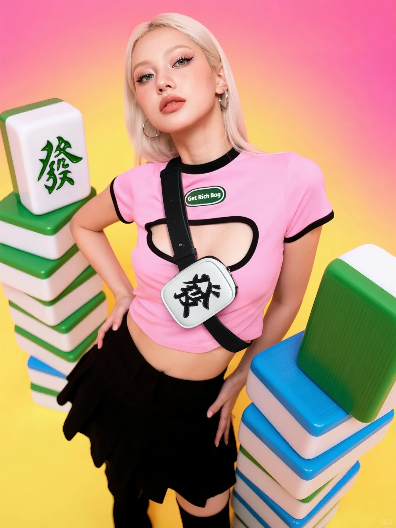 LAOGUI Get Rich Bag 發財包 campaign image showing the mahjong Fa tile design as a leather crossbody bag